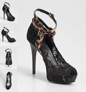 NIB NEW GUESS Black AGNELLA Lace CHEETAH Peep Toe Platform Pumps Shoes 