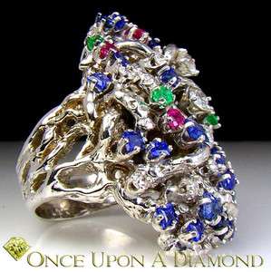 Antique Hand Made 14K White Gold Diamond Emerald Sapphire Ruby Twig 