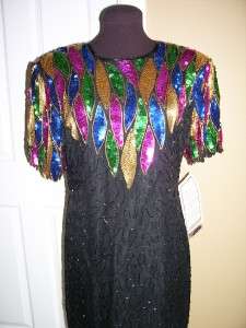 STENAY Black Silk Cocktail Dress Colorful Sequence Shoulders Bead Kit 
