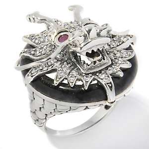   Charcoal Jade Ruby and CZ Sterling Silver Dragon Ring 
