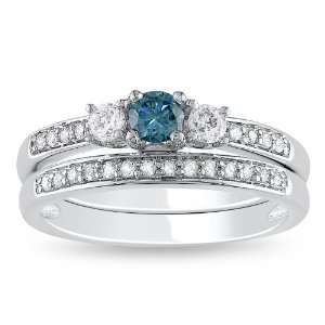 14K White Gold Blue and White Diamond Bridal Set Ring ( 1/2 cttw, G H 