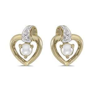  10k Yellow Gold Pearl And Diamond Heart Earrings Jewelry