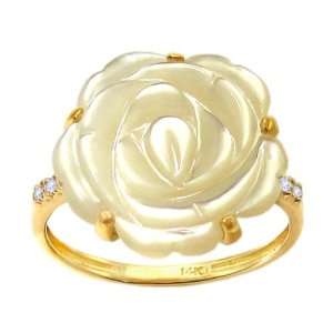 14K Yellow Gold Large Flower Ring with Diamonds Mother of Pearl, size7 