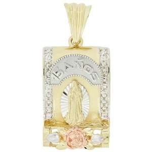 14k Tricolor Gold, 15 Anos Quinceanera Virgin Mary Guadalupe Pendant 