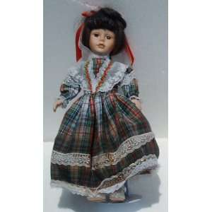  16 Hand Painted Porcelain Doll; With Display Stand; Green 