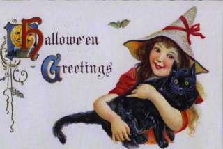 Halloween Witch with Black Cat Vintage Repro Brand New Greeting Card