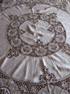 Antique Handmade Lace Bobbin Tablecloth Round Maltese Needlelace Linen 