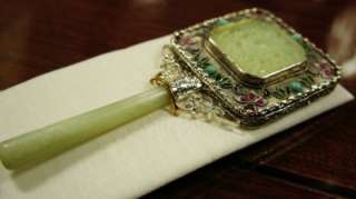 Vintage Chinese Jade Silver Cloisonne Hand Mirror  