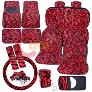 Black Red Zebra Car Seat Covers Auto Accessories 17pc  