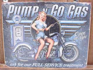 PUMP N GO GAS Vintage MOTORCYCLE Sign BIKER PIN UP Tin  