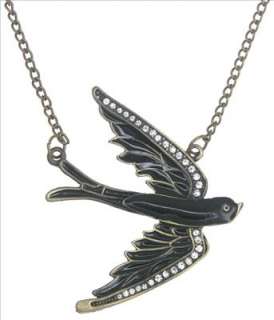 Black Sparrow Bird Dove Bronze Crystal Pendant Necklace  