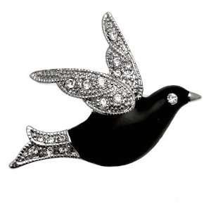   Brooches   Black Enamel & Clear Swarovski Crystal   Flying Bird Brooch