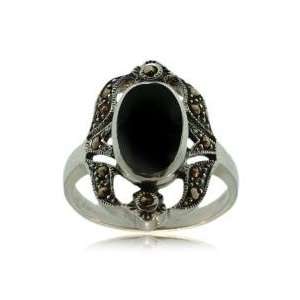  Black Onyx Silver Ring Marcasite Ladies Victorian Style 
