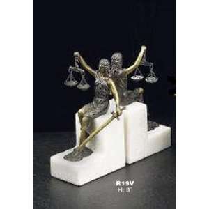  Lady Justice Seated Bronze Bookends on White Marble Base 