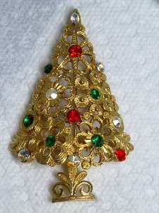   MYLU Goldtone & Rhinestone Ornament Christmas Tree Pin Brooch  