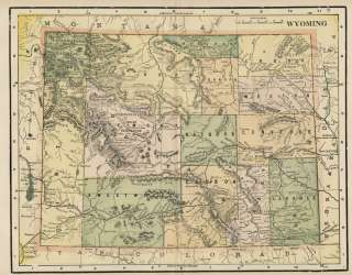  1889 color map of wyoming showing all counties many cities and towns 