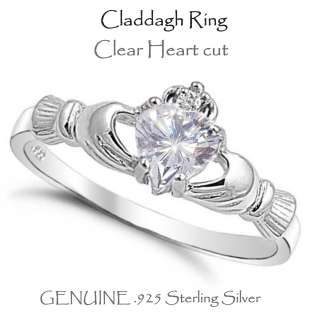 Clear Claddagh Ring, Sterling Silver   Sizes 5   9  
