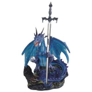 Blue Dragon Collectable Figurine Holding Sword / Letter Opener Paper 