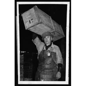   Porter,Central Market,carrying crate of fish his head