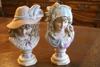 Pair German Porcelain Bisque Bust Figurine Figures Dresden? Germany 