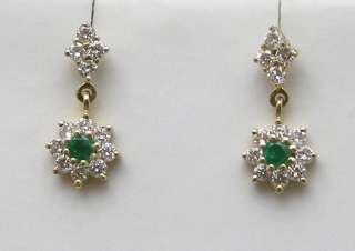 14k Yellow Gold Diamond & Emerald Dangle Earrings  