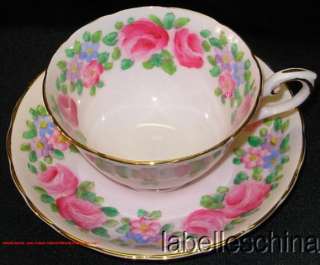   Teacup & Saucer HP Pink Roses on Pink gilt trimmed tea cup and saucer
