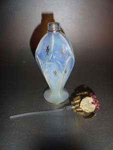 ANTIQUE FRENCH IRICE OPALESCENT PERFUME BOTTLE JEWELED W CORALENE 