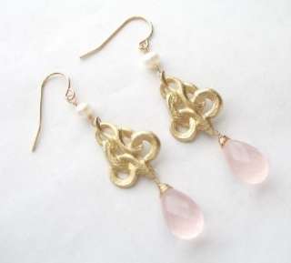 14k Gold Vintage French Snake Rose Quartz Pearl Earrings  
