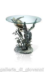Sea Turtle Accent Glass End Table Ocean Nautical Fish  