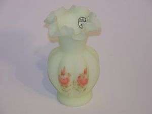 Fenton Glass Roses on custard melon shape Ruffled vase  