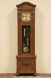 Carved Oak Antique 1900 Tall Case Grandfather Clock  