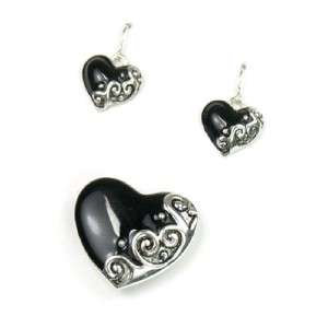 Silver Black Heart Necklace Pendant Pin Earrings Set  