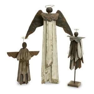   of 3 Homespun Distressed Wood and Metal Angel Statues