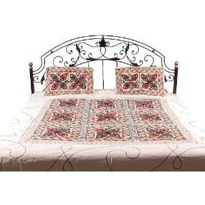  Ivory Gujarati Bedspread with All Over Embroidered Clover 