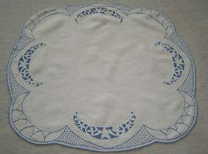 Vintage Linen Tablecloth Blue French Knot 30 x 30 Crocheted 