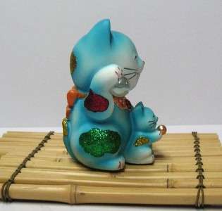 Maneki Neko Lucky Cat Figure Mother Baby Love Blue  