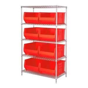   Chrome Wire Shelving With 8 36D Hopper Bins Red
