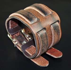 Mens Double Band Through Wide Vintage Genuine Leather Bracelet 