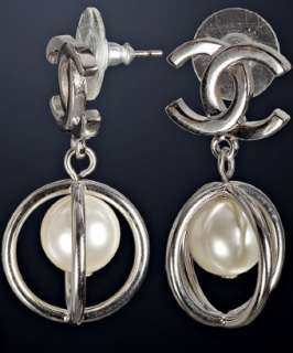 Chanel silver signature logo drop earrings  