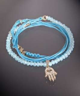 Danielle Stevens blue czech beaded and hamsa charm wrap bracelet 