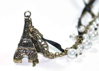   vintage bronze Eiffel Tower faux pearl long necklace jewellery  
