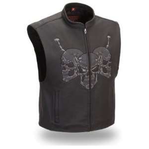   Black Leather Reflective Motorcycle Raceway Skull Vest (L) Automotive