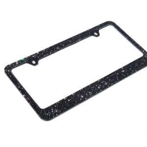   CAP) Crystal Rhinestone Metal Black License Plate Frame with Two Caps