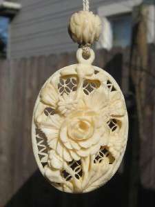 Vtg Antique Hand Carved Faux Ivory Floral Rose Pendant  