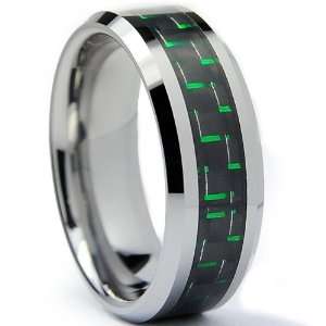 8MM Mens Tungsten Carbide Ring W/ BLACK & GREEN Carbon Fiber Inaly 