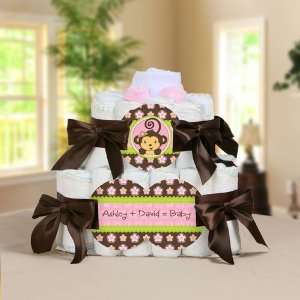   Monkey Girl   2 Tier Personalized Square   Baby Shower Diaper Cake