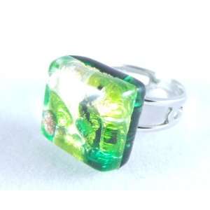   Green Gold Small Square Venetian Murano Glass Adjustable Ring Jewelry