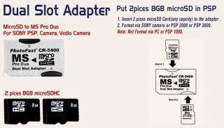For PSP 16GB MS Pro Duo 2X 8GB MicroSD Dual Adapter Ach  