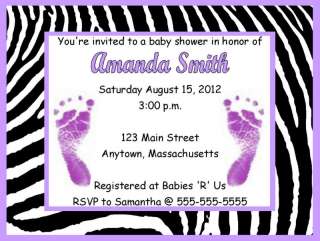 Girl Purple Feet Zebra Print Baby Shower Invitations  