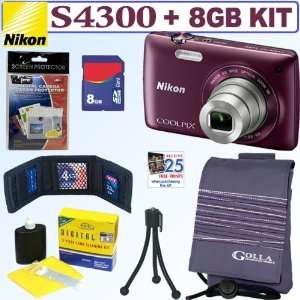  Nikon COOLPIX S4300 16 MP Digital Camera (Plum) + 8GB 